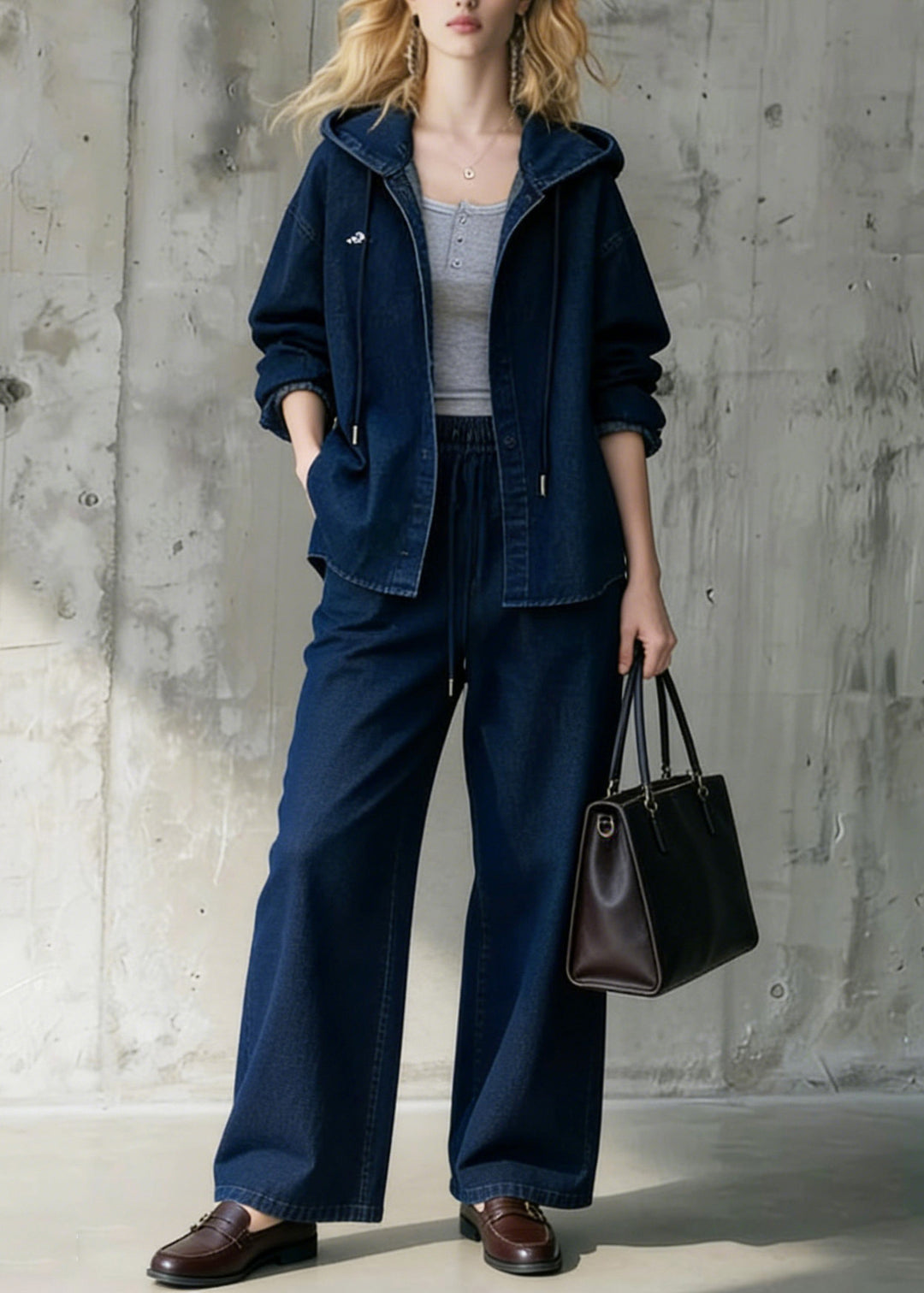 Casual Blue Hooded Coat And Wide Leg Pants Denim Two Pieces Set Spring