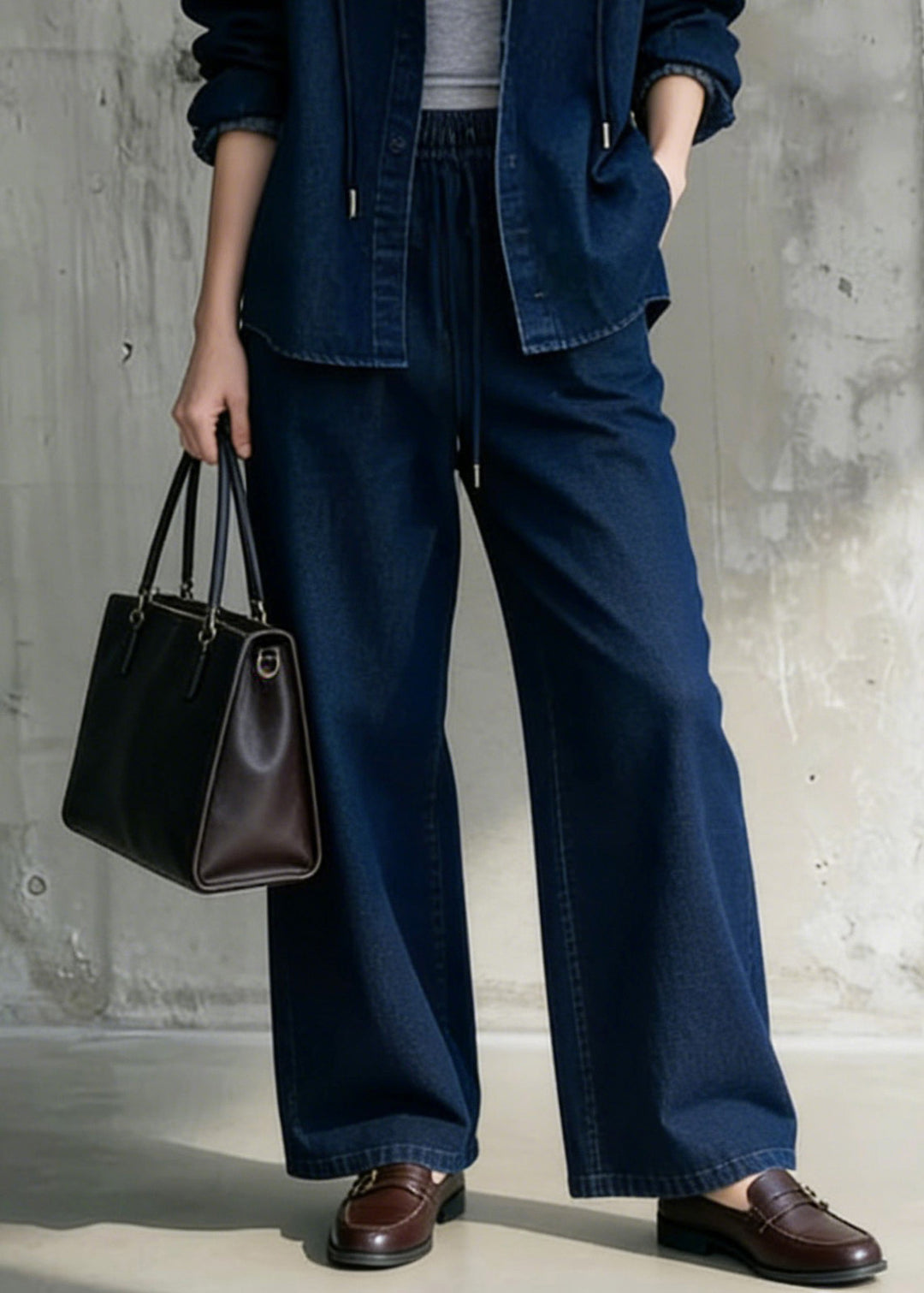Casual Blue Hooded Coat And Wide Leg Pants Denim Two Pieces Set Spring