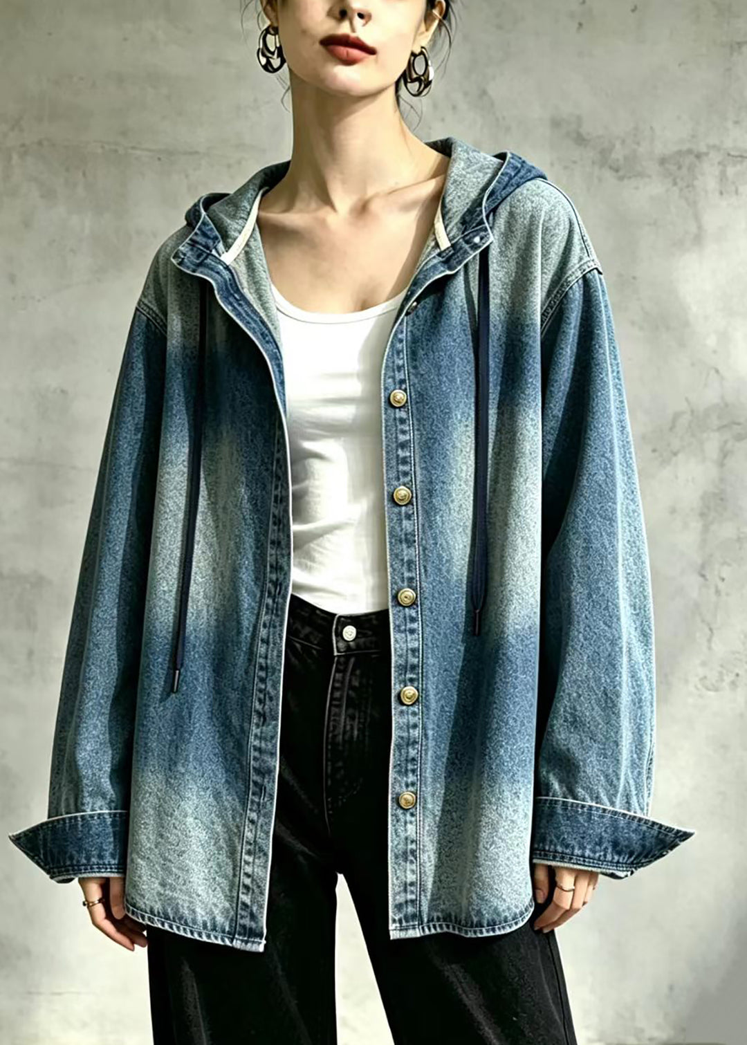 Casual Blue Hooded Oversized Denim Coat Fall
