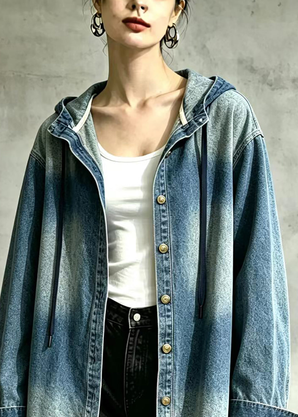 Casual Blue Hooded Oversized Denim Coat Fall