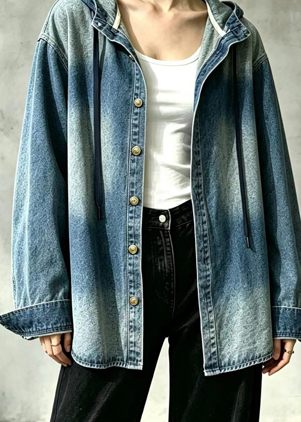 Casual Blue Hooded Oversized Denim Coat Fall