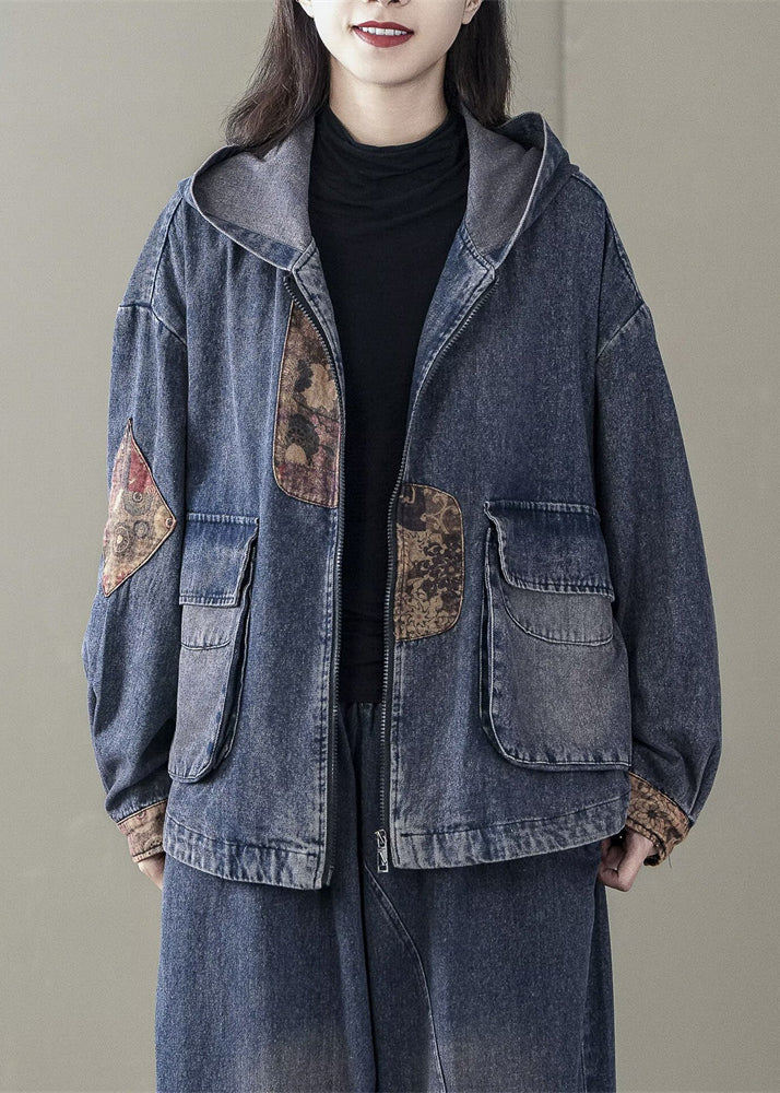 Casual Blue Hooded Patchwork Denim Coats Spring