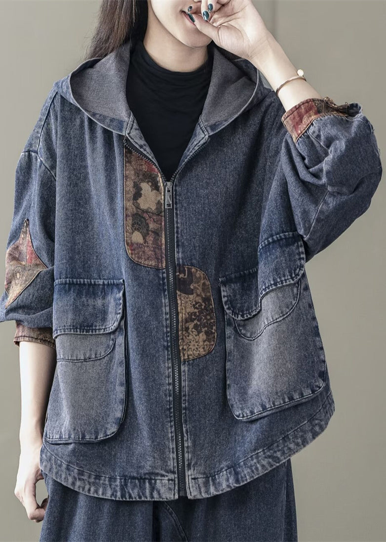 Casual Blue Hooded Patchwork Denim Coats Spring