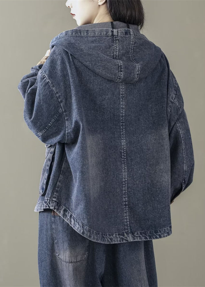Casual Blue Hooded Patchwork Denim Coats Spring