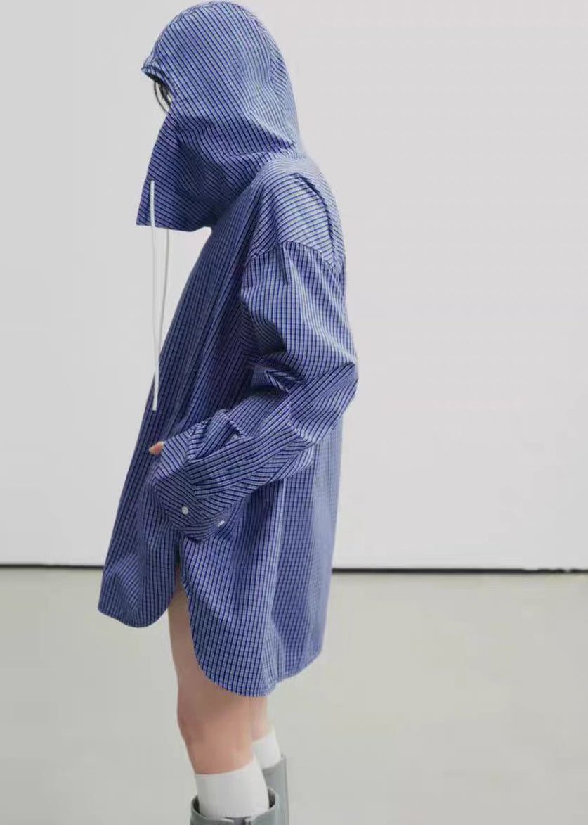 Casual Blue Hooded Plaid Cotton Trench Fall