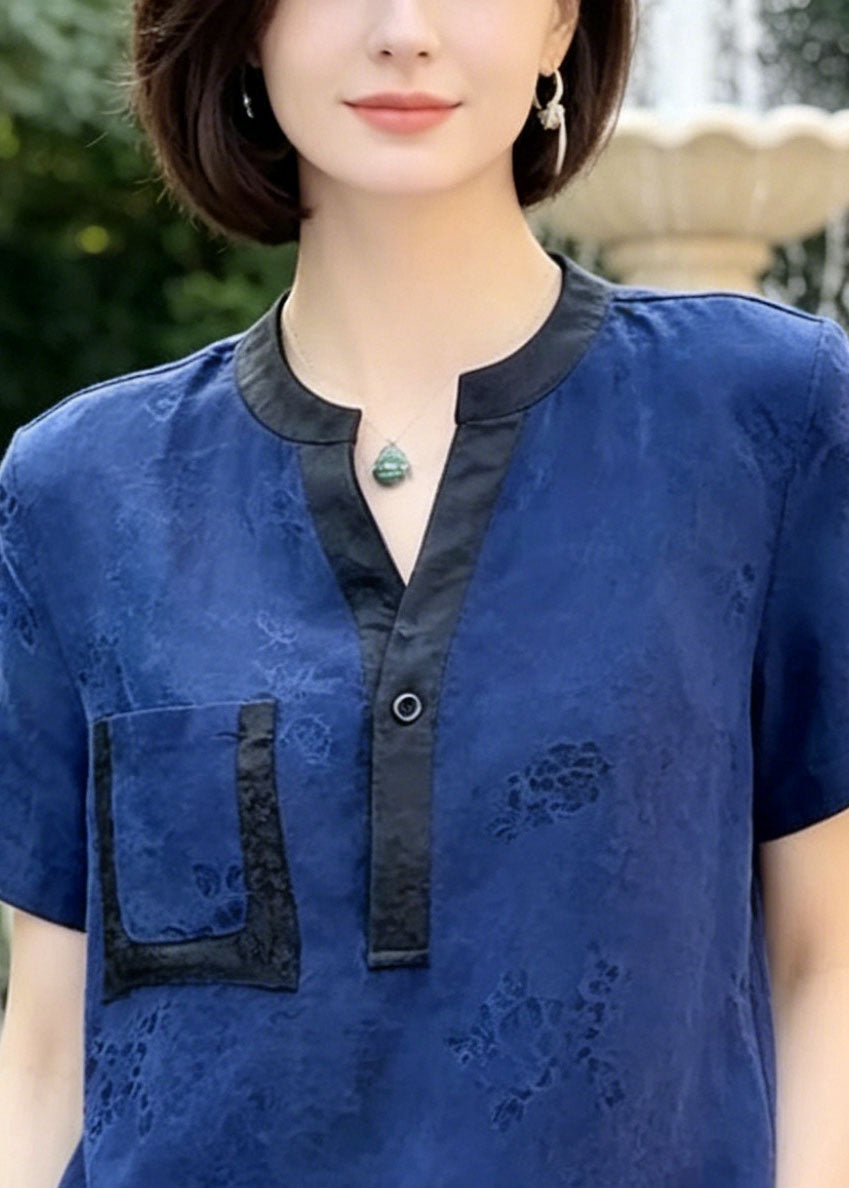 Casual Blue Jacquard Patchwork Pocket Silk Blouses Summer