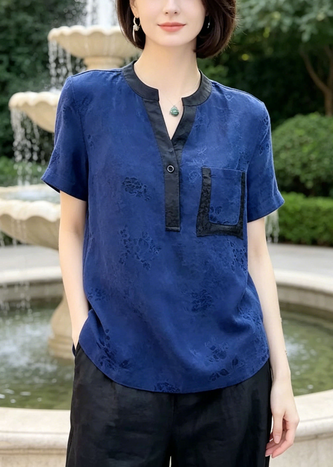 Casual Blue Jacquard Patchwork Pocket Silk Blouses Summer