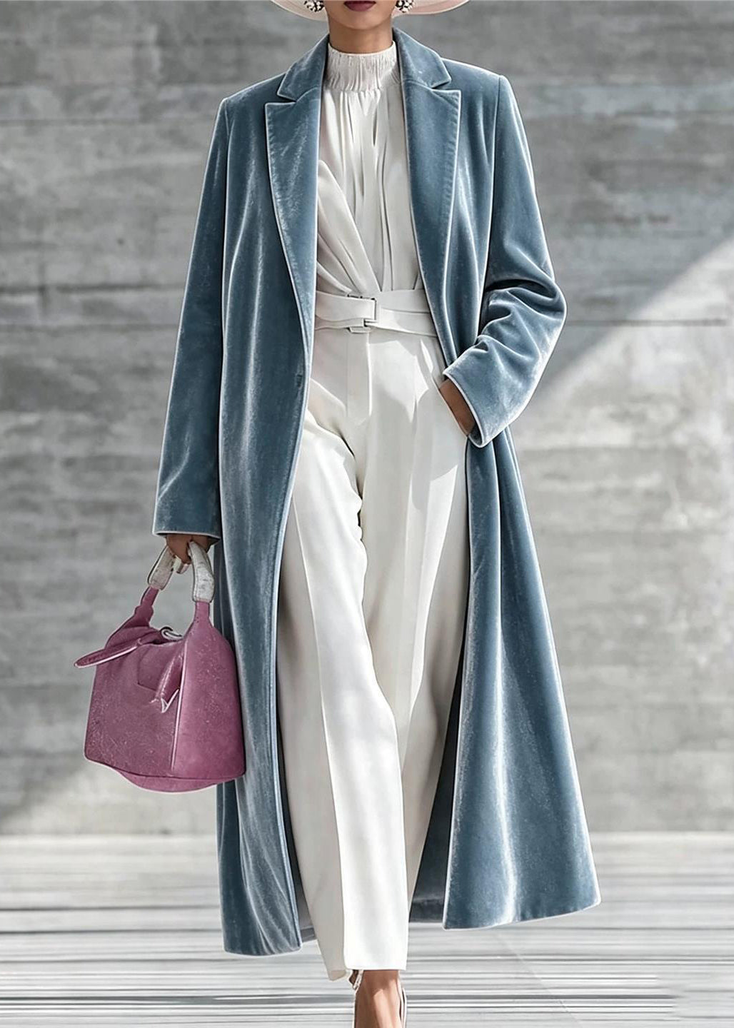 Casual Blue Notched Velour Below-Knee Long Coats Winter