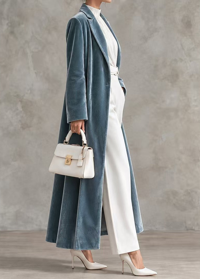 Casual Blue Notched Velour Below-Knee Long Coats Winter