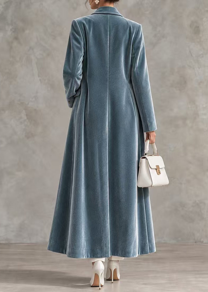 Casual Blue Notched Velour Below-Knee Long Coats Winter