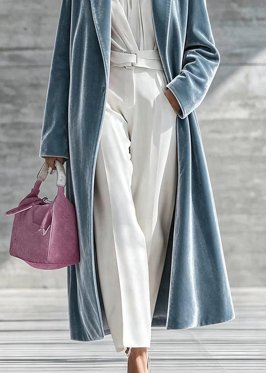 Casual Blue Notched Velour Below-Knee Long Coats Winter