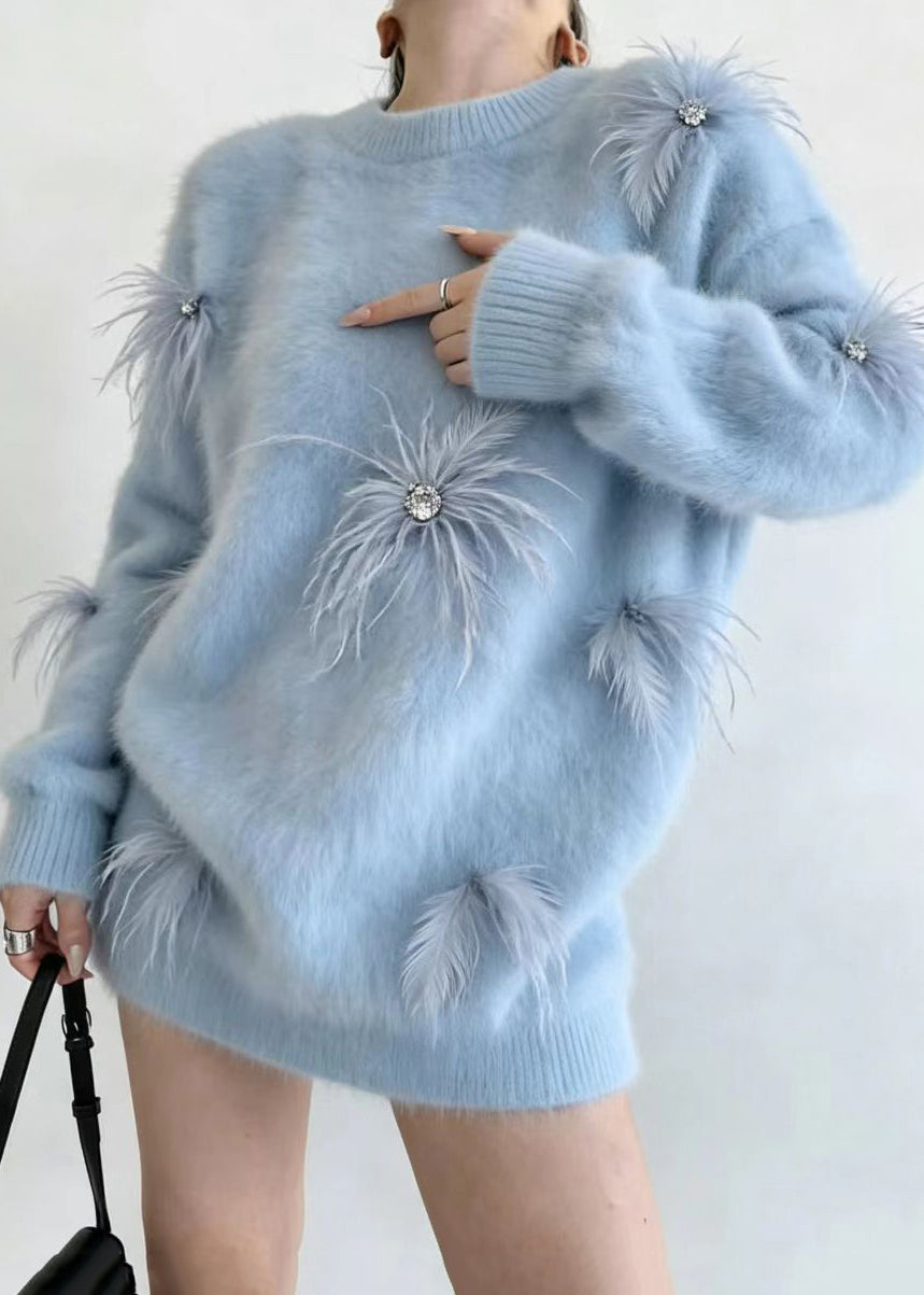 Casual Blue O-Neck Feather Thick Sweater Tops Long Sleeve