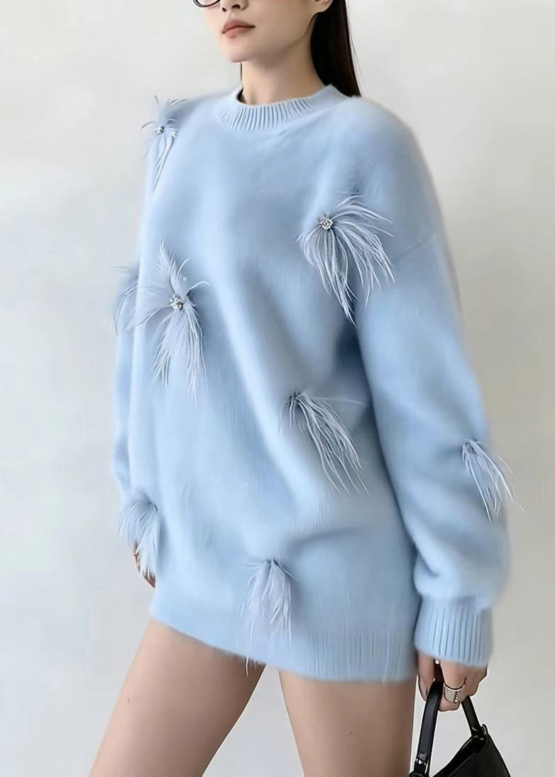 Casual Blue O-Neck Feather Thick Sweater Tops Long Sleeve