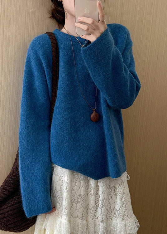 Casual Blue O-Neck Oversized Knit Pullover Winter