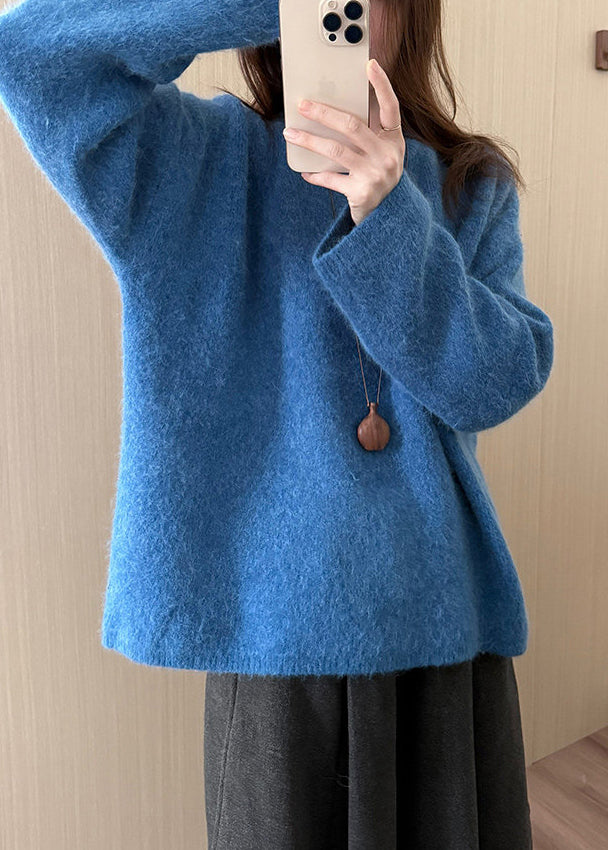 Casual Blue O-Neck Oversized Knit Pullover Winter