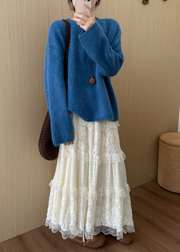 Casual Blue O-Neck Oversized Knit Pullover Winter