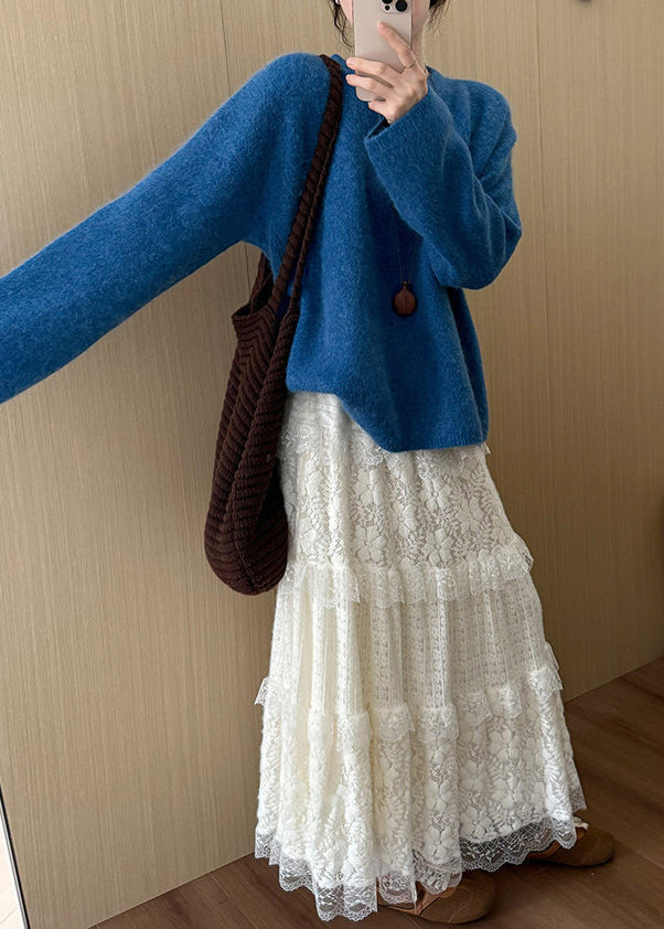 Casual Blue O-Neck Oversized Knit Pullover Winter