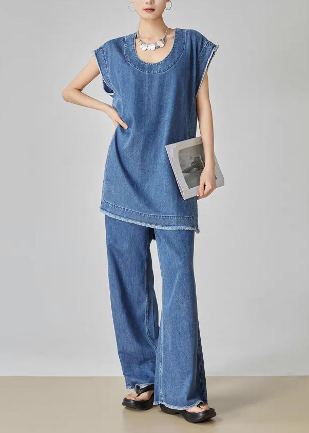 Casual Blue O-Neck Patchwork Denim T Shirt Dress And Jeans Two Piece Set Summer