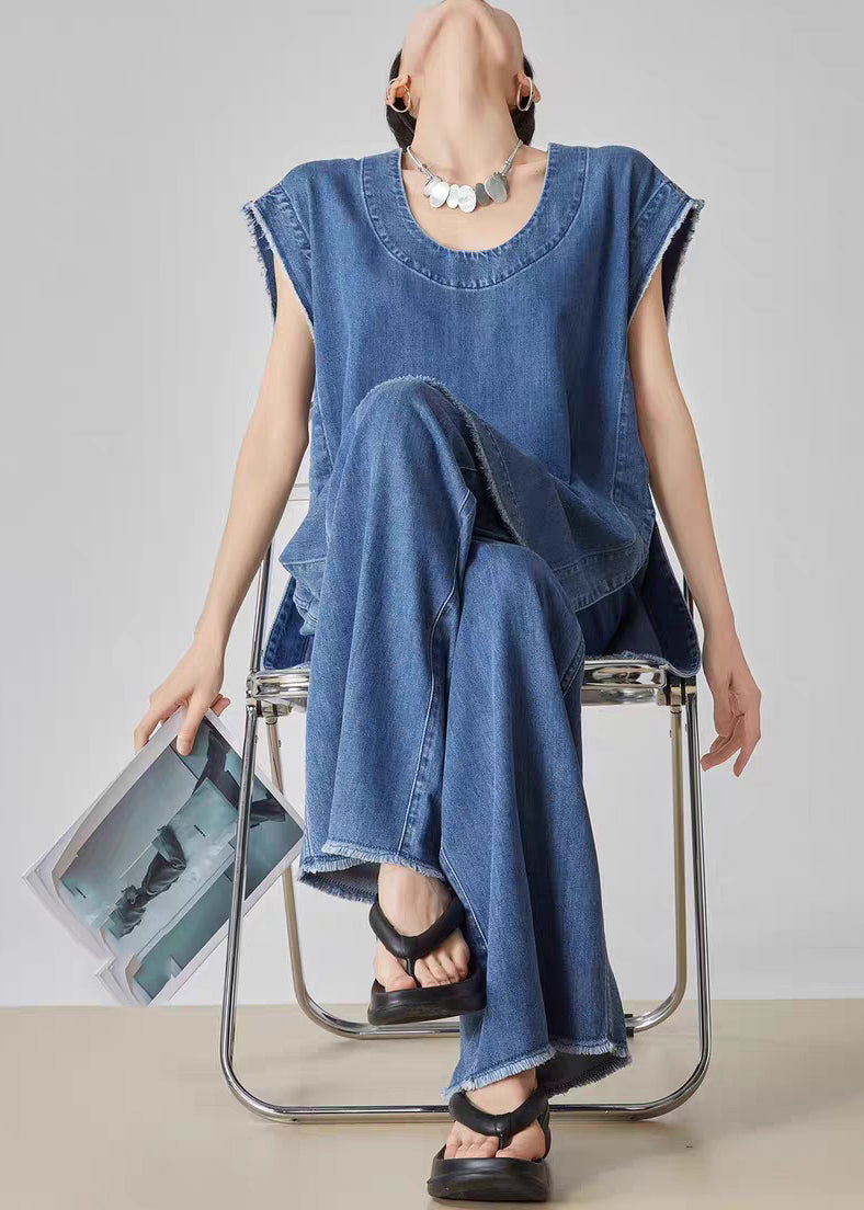 Casual Blue O-Neck Patchwork Denim T Shirt Dress And Jeans Two Piece Set Summer