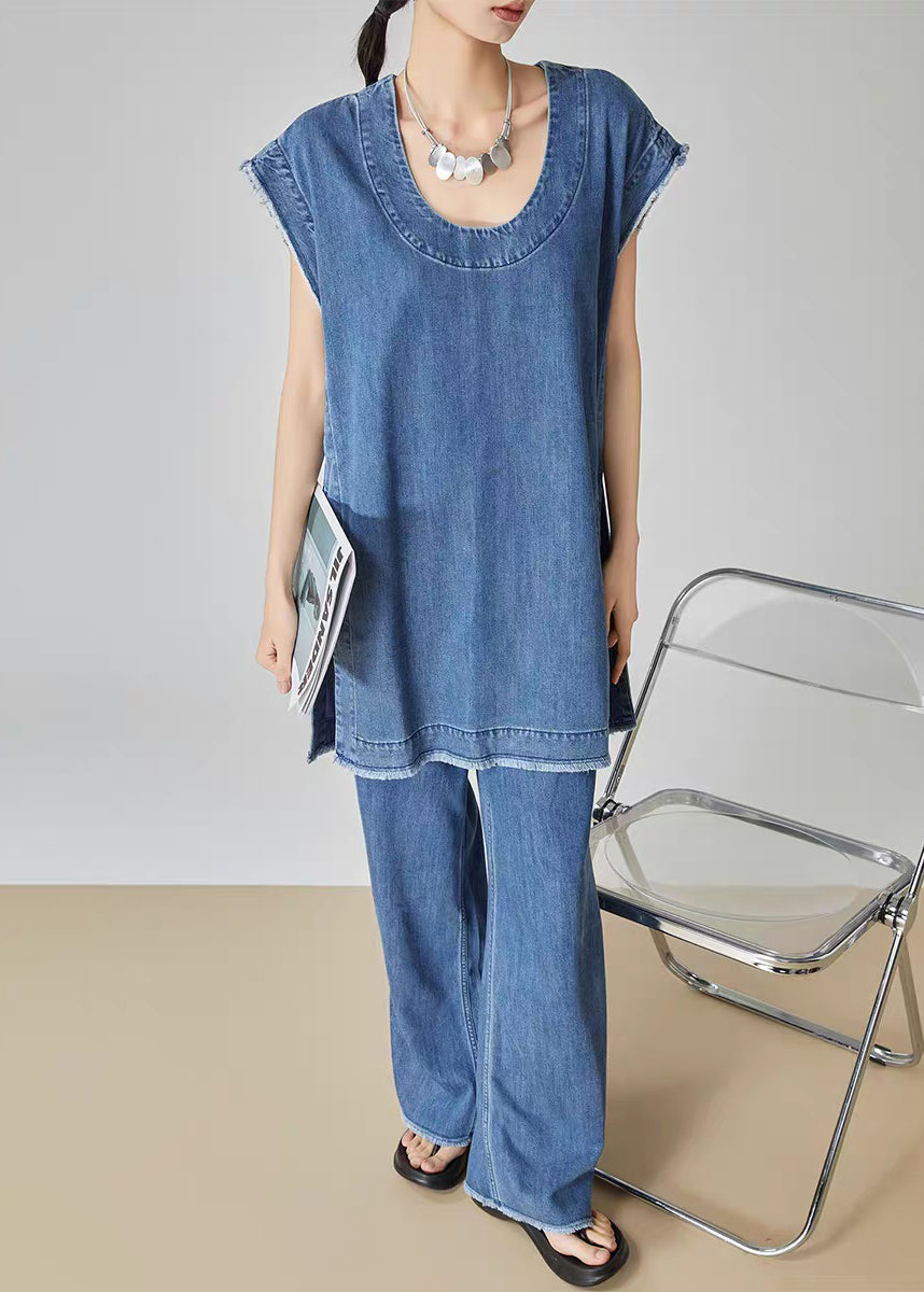 Casual Blue O-Neck Patchwork Denim T Shirt Dress And Jeans Two Piece Set Summer