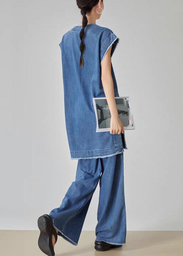 Casual Blue O-Neck Patchwork Denim T Shirt Dress And Jeans Two Piece Set Summer