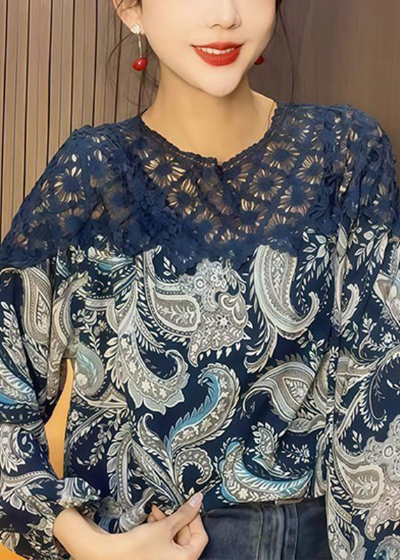 Casual Blue O-Neck Print Hollow Out Chiffon Shirt Fall