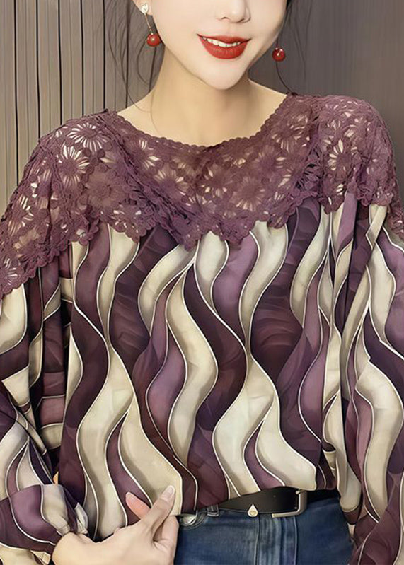 Casual Blue O-Neck Print Hollow Out Chiffon Shirt Fall