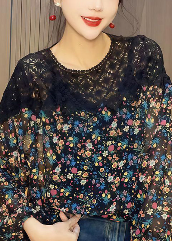 Casual Blue O-Neck Print Hollow Out Chiffon Shirt Fall