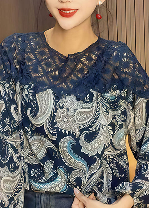 Casual Blue O-Neck Print Hollow Out Chiffon Shirt Fall