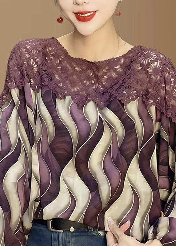 Casual Blue O-Neck Print Hollow Out Chiffon Shirt Fall