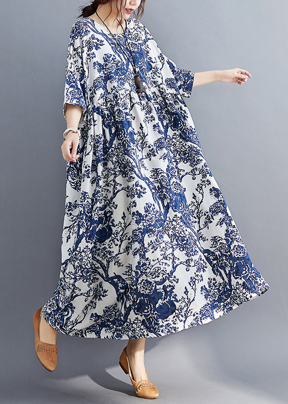 Casual Blue O-Neck Print Patchwork Wrinkled Maxi Dresses Summer