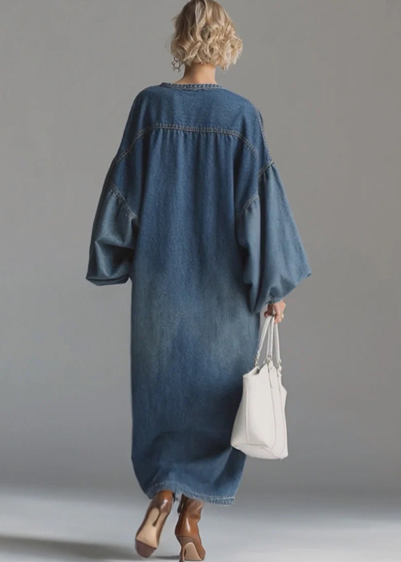 Casual Blue Oversized Denim Maxi Dresses Lantern Sleeve