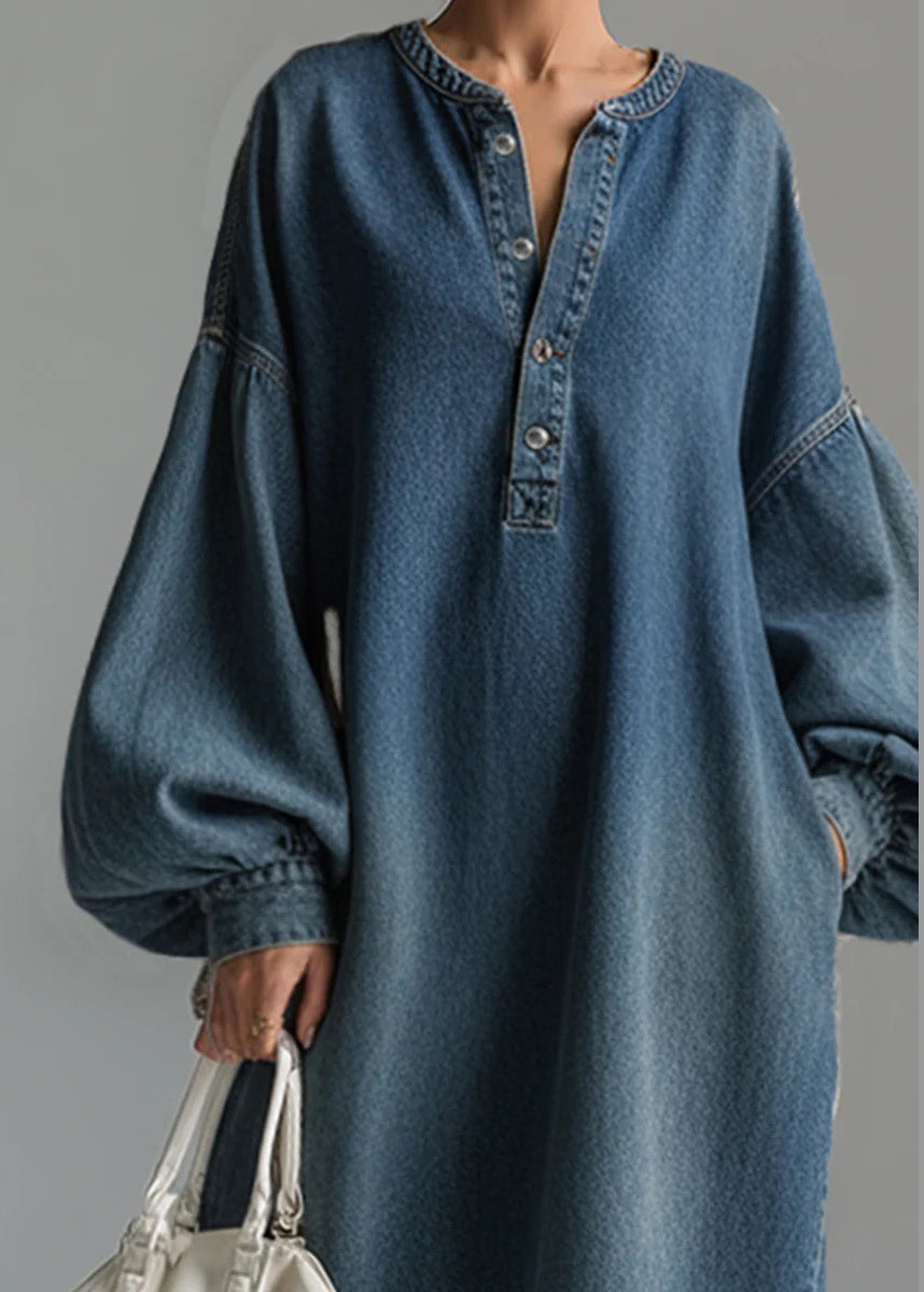 Casual Blue Oversized Denim Maxi Dresses Lantern Sleeve