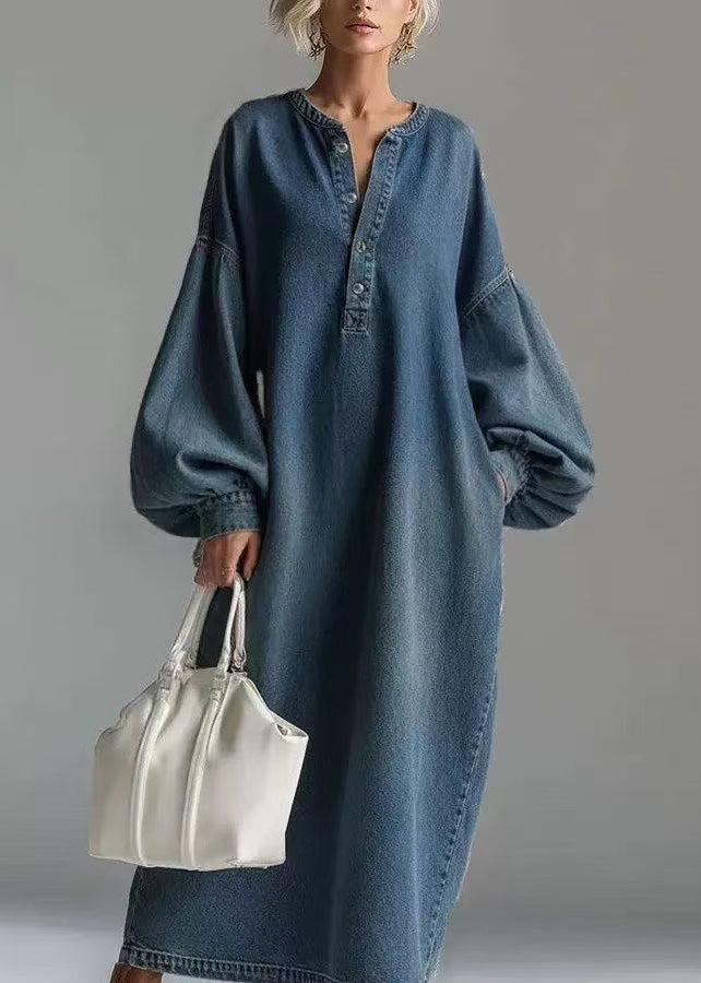 Casual Blue Oversized Denim Maxi Dresses Lantern Sleeve