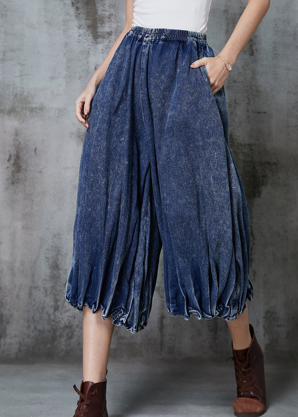 Casual Blue Oversized Wrinkled Denim Wide Leg Pants Spring