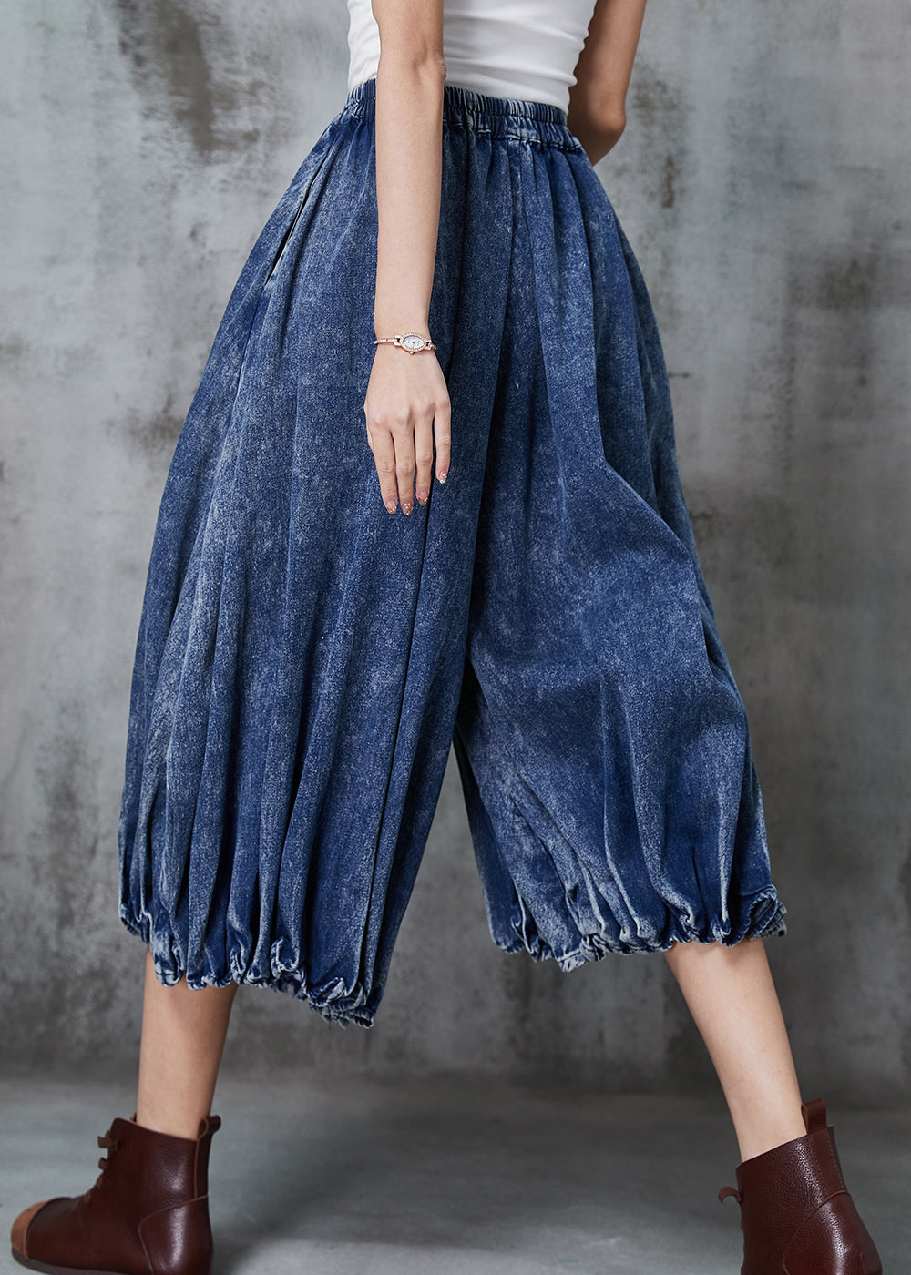 Casual Blue Oversized Wrinkled Denim Wide Leg Pants Spring