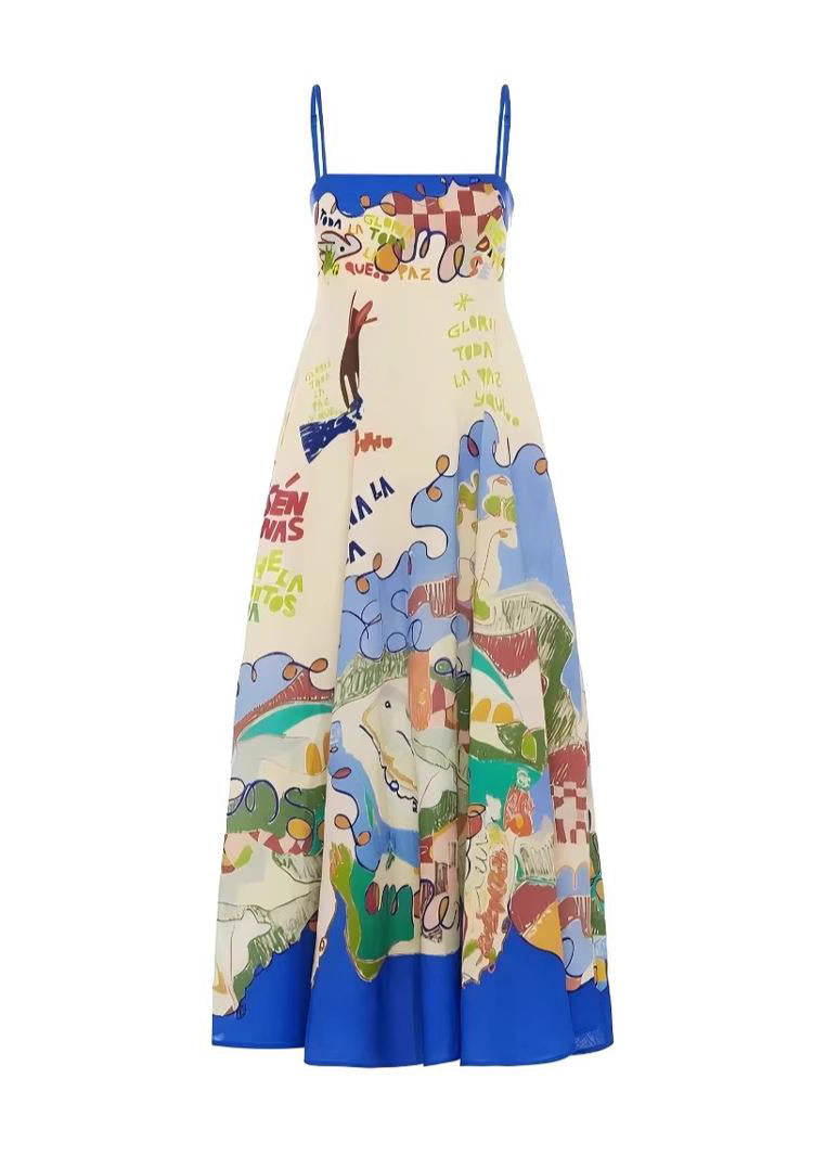 Casual Blue Patchwork Maxi Spaghetti Strap Dresses Sleeveless