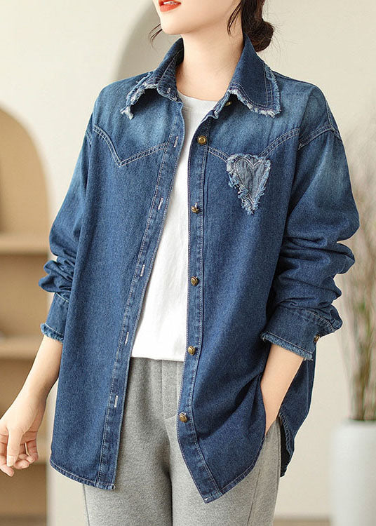 Casual Blue Peter Pan Collar Button Denim Coat Spring