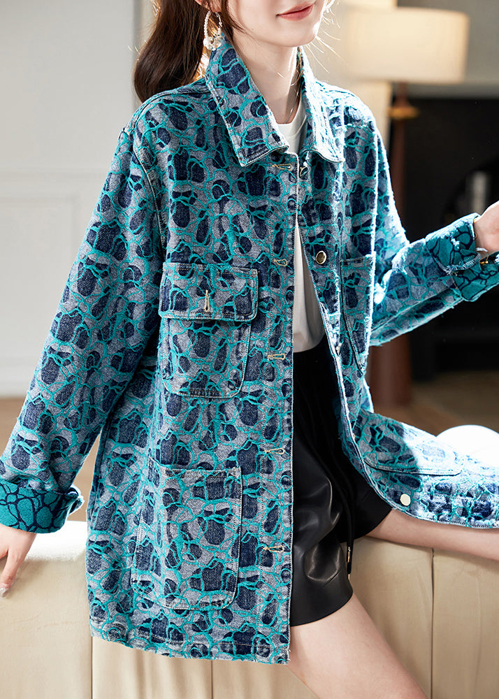 Casual Blue Peter Pan Collar Embroidered Button Shirt Fall