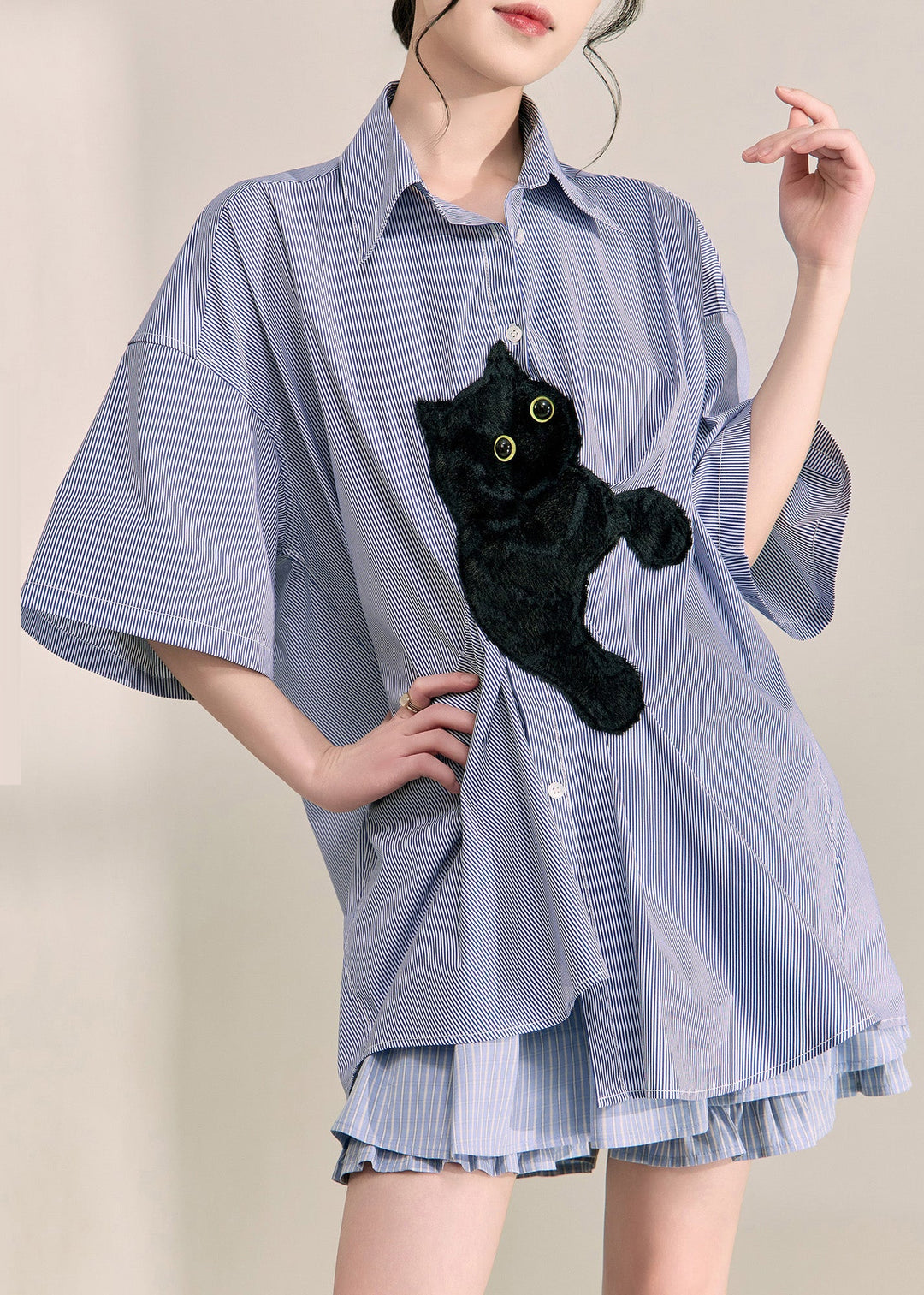Casual Blue Peter Pan Collar Little Cats Striped Shirts Summer
