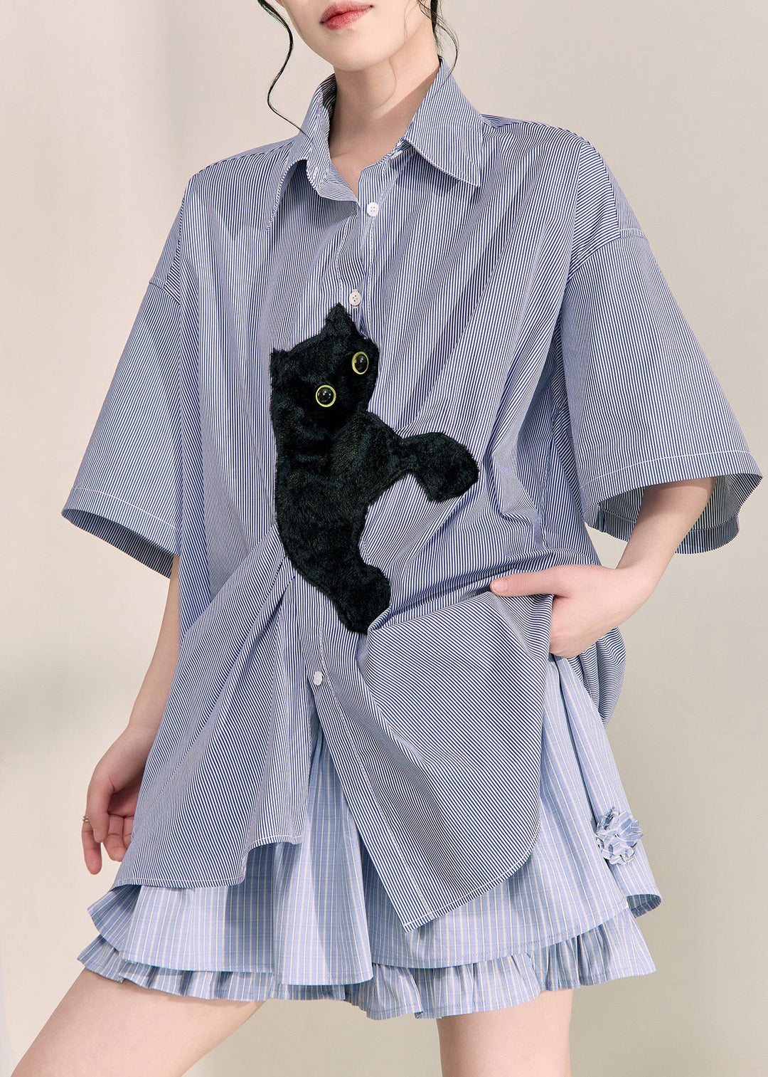 Casual Blue Peter Pan Collar Little Cats Striped Shirts Summer