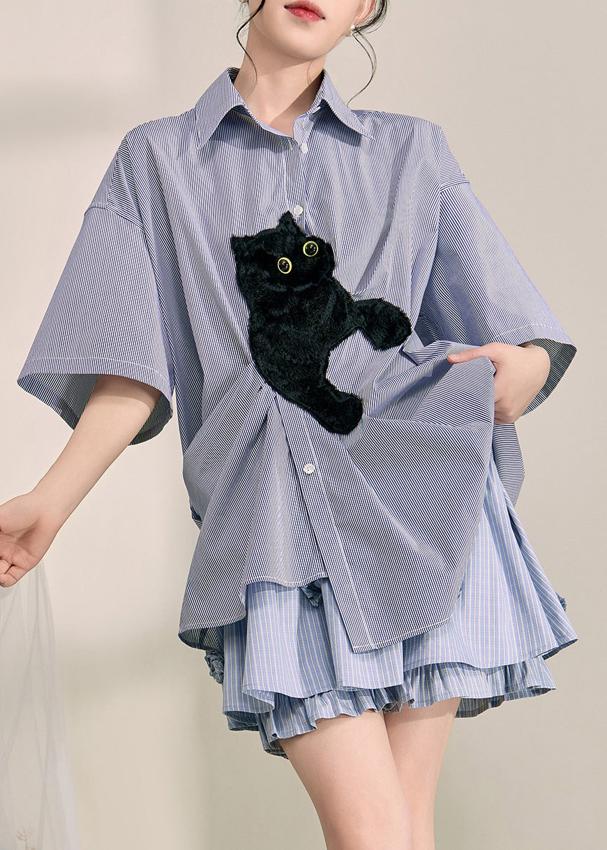 Casual Blue Peter Pan Collar Little Cats Striped Shirts Summer