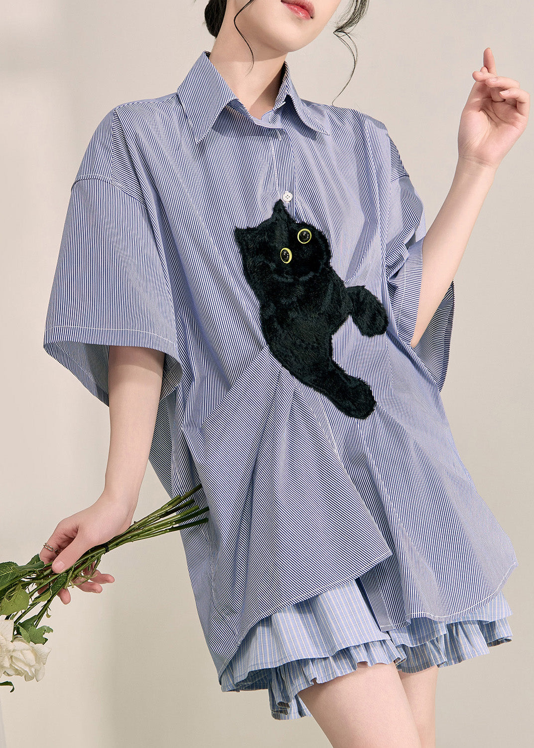 Casual Blue Peter Pan Collar Little Cats Striped Shirts Summer