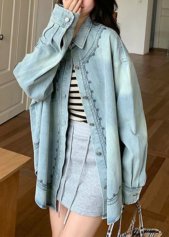 Casual Blue Peter Pan Collar Patchwork Button Denim Shirt Fall