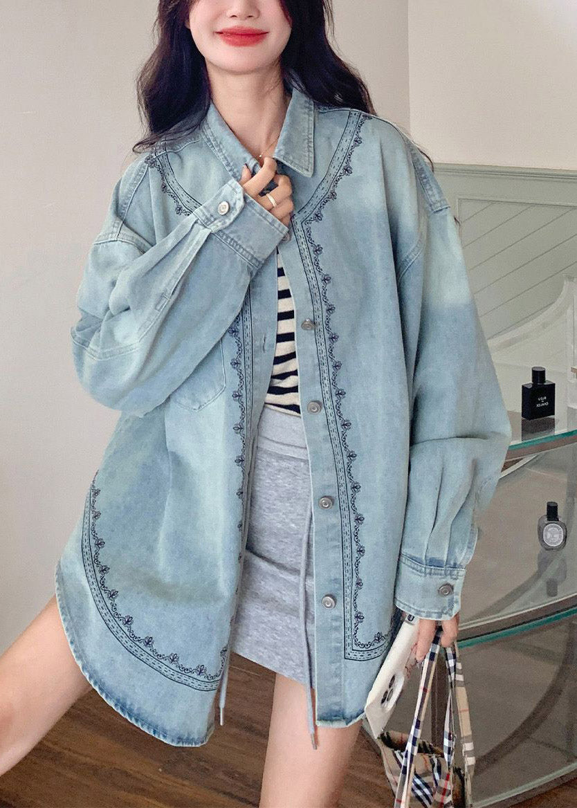 Casual Blue Peter Pan Collar Patchwork Button Denim Shirt Fall