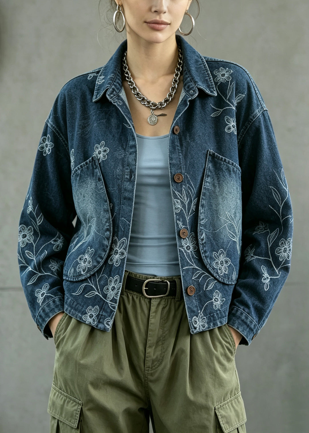 Casual Blue Peter Pan Collar Pockets Print Denim Coat Fall