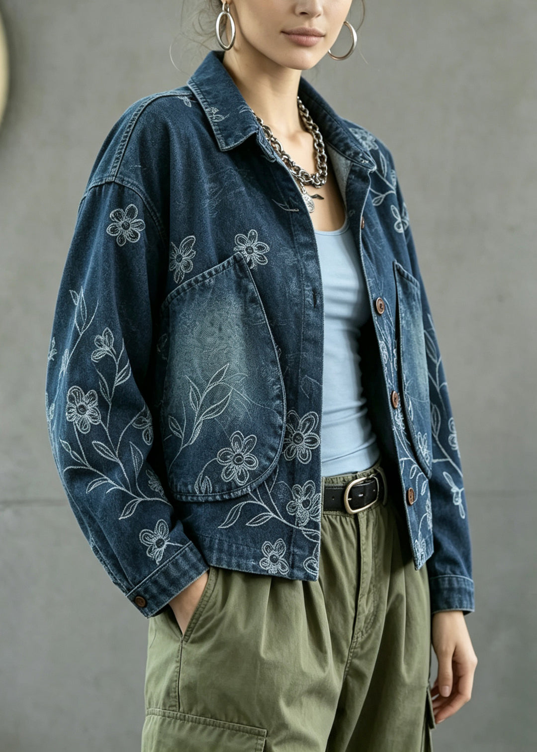 Casual Blue Peter Pan Collar Pockets Print Denim Coat Fall