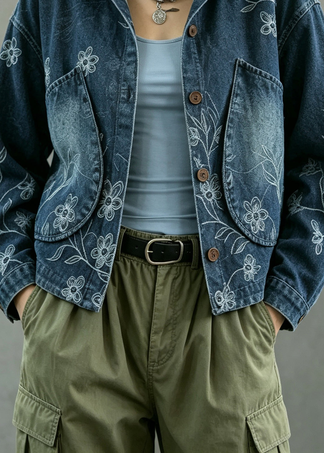 Casual Blue Peter Pan Collar Pockets Print Denim Coat Fall
