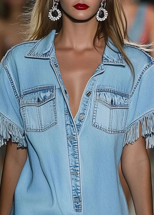 Casual Blue Peter Pan Collar Tassel Denim Shirts Dress Summer