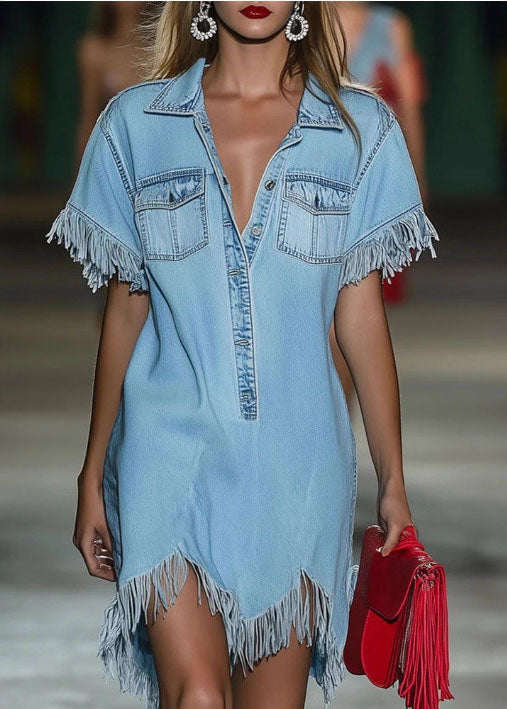 Casual Blue Peter Pan Collar Tassel Denim Shirts Dress Summer